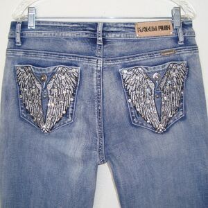 NEW Platinum Plush Bootcut Jeans Blue Rhinestone Wings Embroidered Y2K